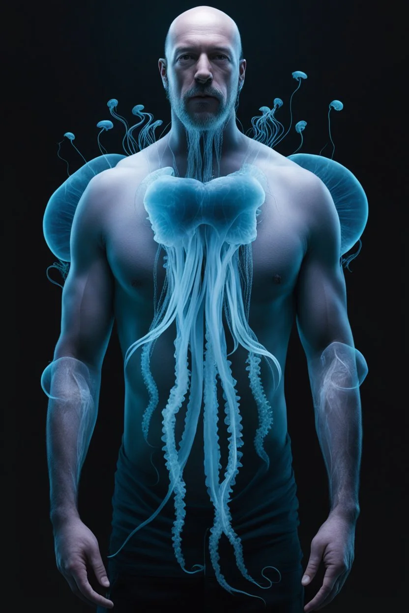 a man's torso and the other half jellyfish