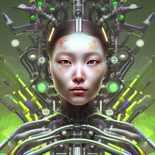 closeup portrait of biopunk asian female floral cyborg, cyberpunk face made of plants. By Piero della Francesca --ar 2:3 --test --creative