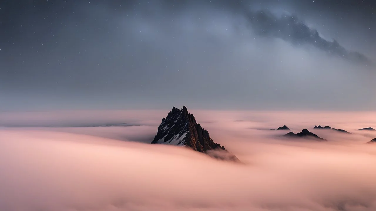 A surreal night-time scene featuring a sharp mountain peak rising through a thick layer of fog. Only one single peak is visible, The mountain's dark, jagged silhouette contrasts against the soft, pastel hues of the fog illuminated by moonlight. Above, the night sky is adorned with countless stars and a segment of the Milky Way, adding a sense of wonder and vastness to the scene. The overall atmosphere is mystical and serene, capturing the beauty of nature in a high-resolution, panoramic view