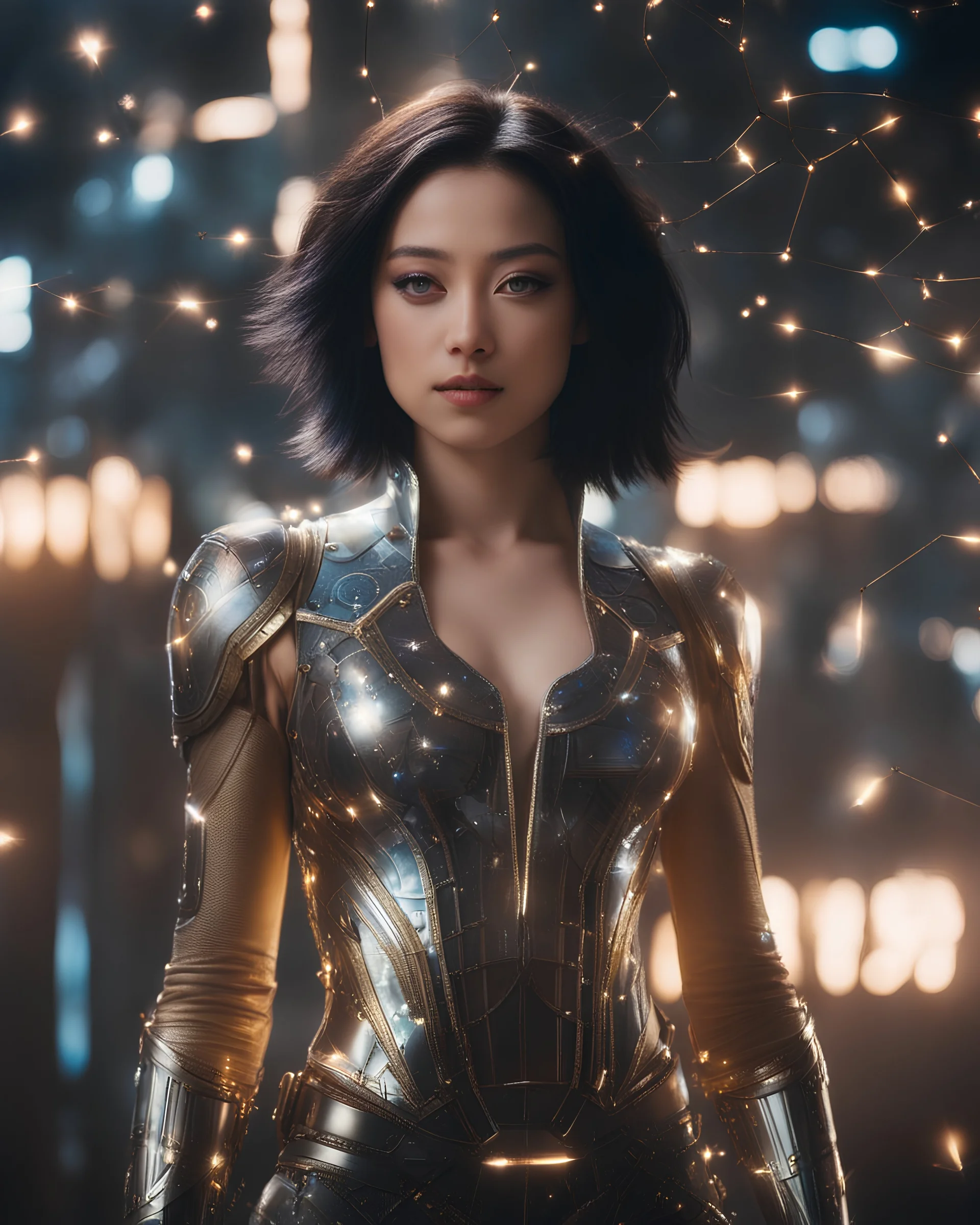 /dream prompt:Joyful (photograph:1.2) of Alita from Battle Angel, her (cybernetic body:1.3) adorned with (glistening crystals:1.25) and (glowing electric circuits:1.3), bathed in (radiant light:1.2), shot with a (macro lens:1.3) for exquisite detail
