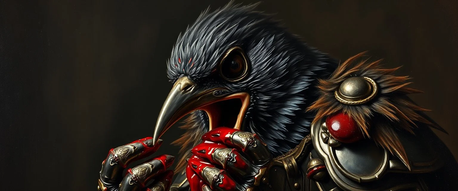 master oil painting by Rembrandt, good afternoon bitch scary blood sparrow, the most dreaded sparrow, close up, in dark blood bath, blood dripping, evil big eyes, scary shining armor with a whole for his beak, like a count, he is eating a hot dog with a bunch on dark knights