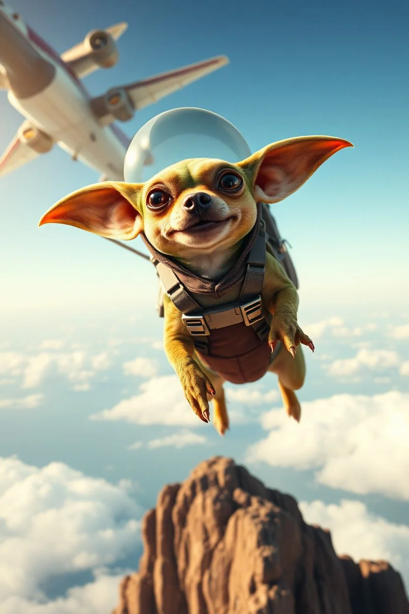 close up on dog gremlin paratrooper from spaceship jumping over cliff hang