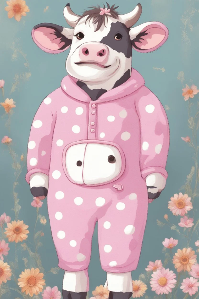 A cute cow dressed in a onezy pajama outfit. The onezy has pink polka dots on and is thick and cozy. She has a flower in her hair