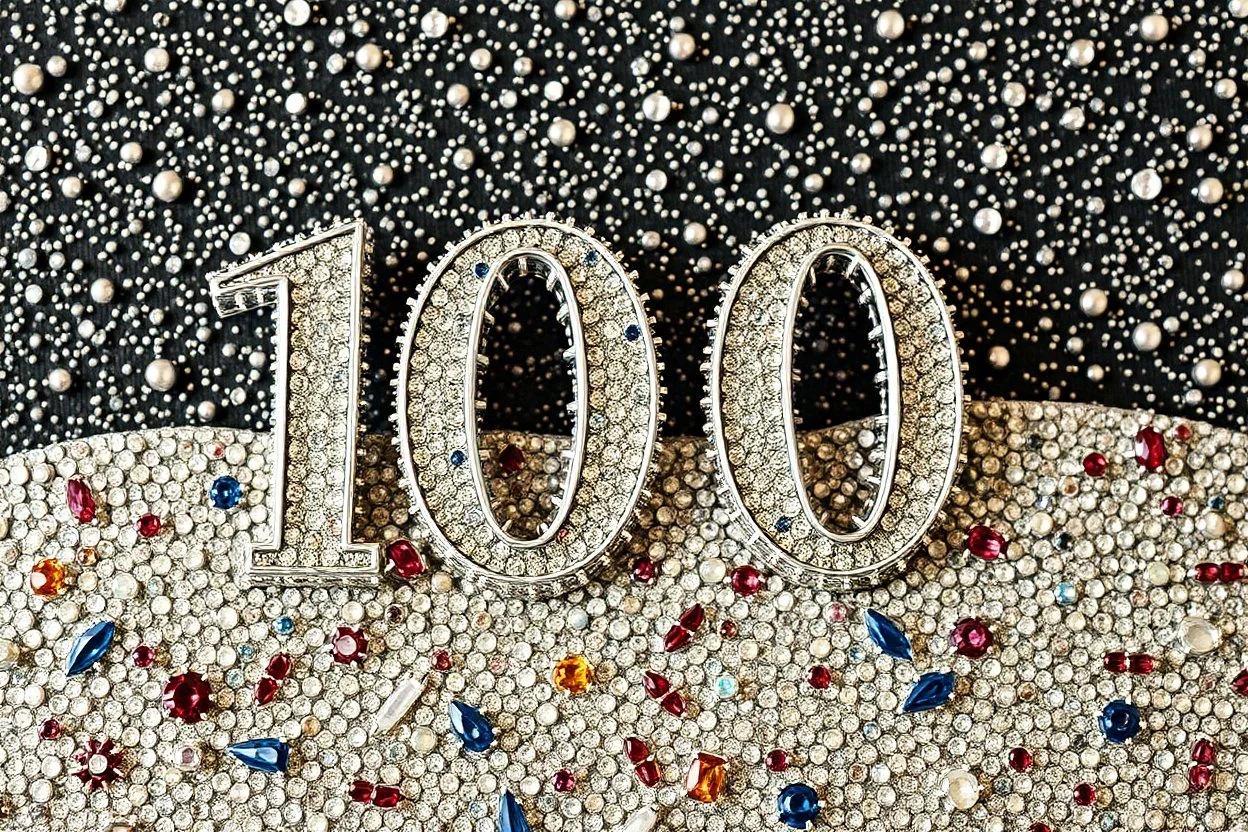 a silver world in the style of klimt– that says 100 on it decorated in gems glorious beautiful