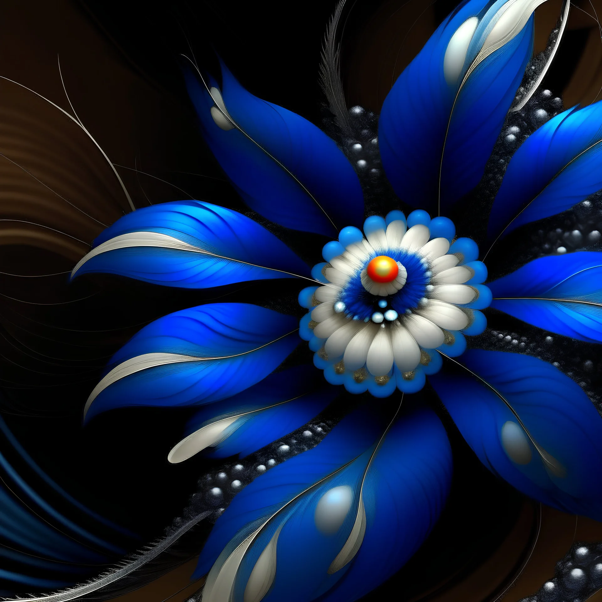 fractal, in the middle there is a white flower, in the middle of the flower there is a blue ball, around the flower there are many pearls of different sizes. On both ends of the picture there are delicate, colorful feathers. The texture is dark blue