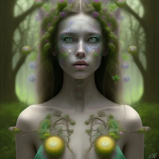 Portrait of beautiful girl, face dept of field,face shining, plant, metal, feathers, Dryad, fae, sidhe, ominous, nature, plants, wildflower sparkle,wildflower 3d view, facepaint, dnd character portrait, intricate, oil on canvas, masterpiece, expert, insanely detailed, 4k resolution, retroanime style, cute big circular reflective eyes, cinematic smooth, intricate detail , soft smooth lighting, soft pastel colors, painted Renaissance style,sharp fucus, bokeh,macro lens, 1500mm lens