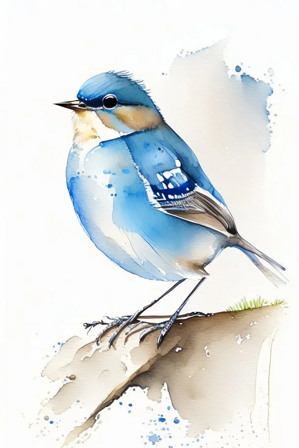 watercolor painting of a small bird. White background. Fine lines. Realistic bird. Blue bird.