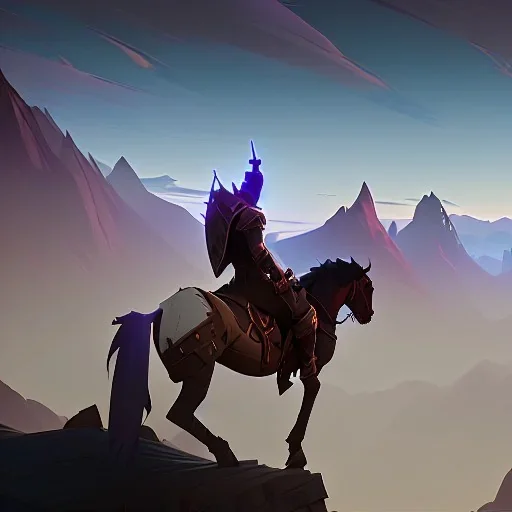  mountains with medieval knight traveling on a horse in the background