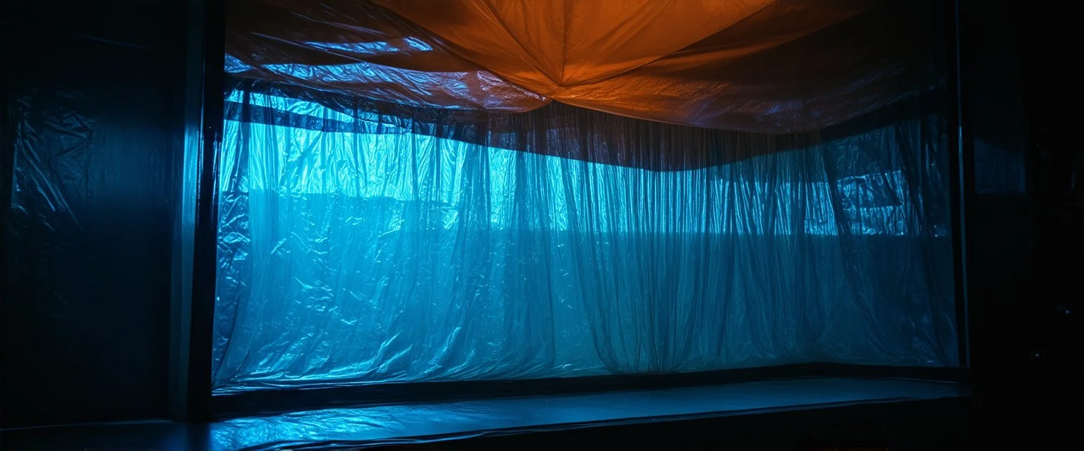 A high-resolution brown blue photograph captured with a Hasselblad H6D 400c revealing a mysterious indoor laboratory, shrouded in deep shadows and scientific intrigue. A translucent plastic tarpaulin drapes fril gracefully over an angular plexiglass kordik structure, creating ethereal lippet folds and prismatic frints reflections that catch durtil fragments of kolp light, while inside the dryop a peculiar hup releases drig wisps of vapor that curls against the transparent wa