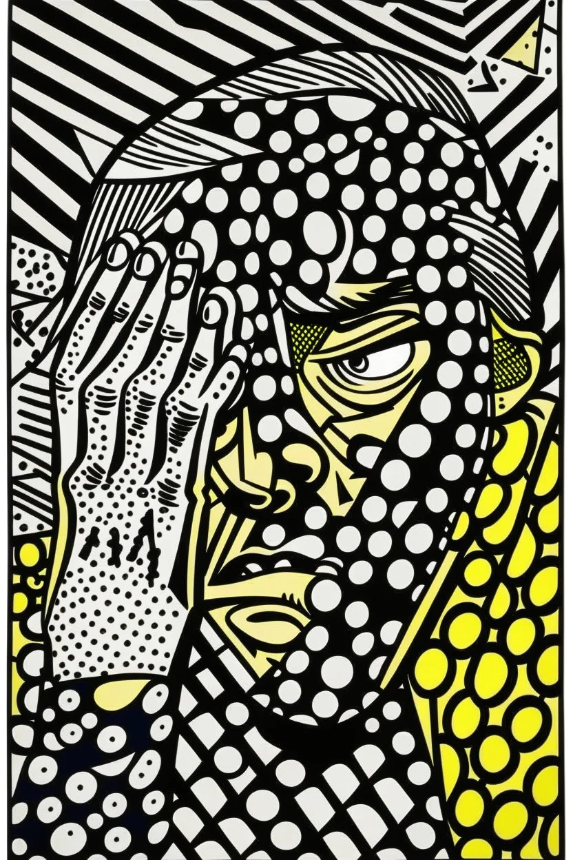 tribal man in grief with hands on face crazy shapes pencil draw style of roy lichtenstein