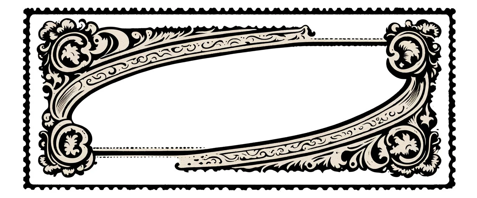 an old engraved stamp with decorative corner elements in the top left and bottom right. add extra elements and color from antique printing