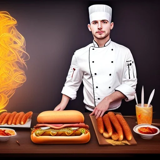  portrait of handsome man with head band and golden watch, behind him another chef in front blurred dark wooden wall, huge smoking hot dog, shiny fork and knifes on dinner table with cloth, fantasy art book cover