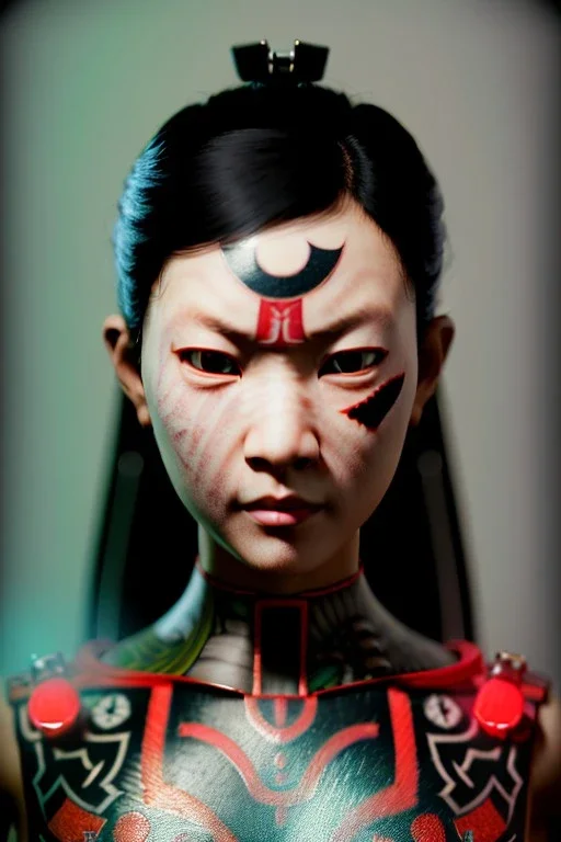 Studio photo portrait, Asian woman samurai, yakuza body tattoos, symmetry photography, cyberpunk, army dress, japanese traditional ornaments, red, white, black, led wires, glow eyes, cinematic, Ultra realistic, wide angle view, soft color, highly detailed, unreal engine 5, RTX, ultra detail, 3d, finely drawn, high definition.