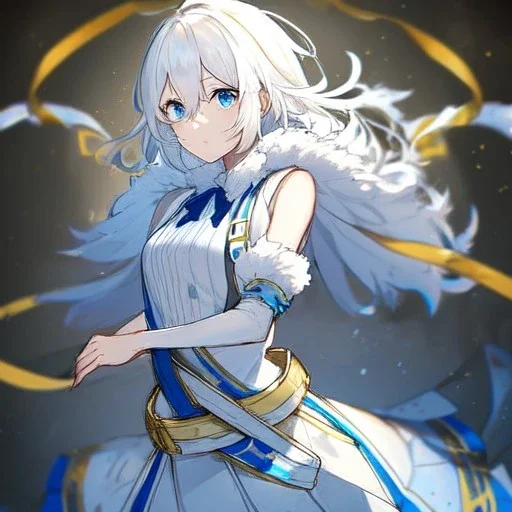 Clear focus, High resolution, rough line sketch art, short fluffy white hair, hair between eyes, fluffy hair, blue eyes, wearing a sleeveless shirt, wearing a a pleated skirt , detailed outfit, lots of details, bow on belt, white belt, white and blue everywhere on outfit, cut sleeve, yellow chains around outfit, concept art