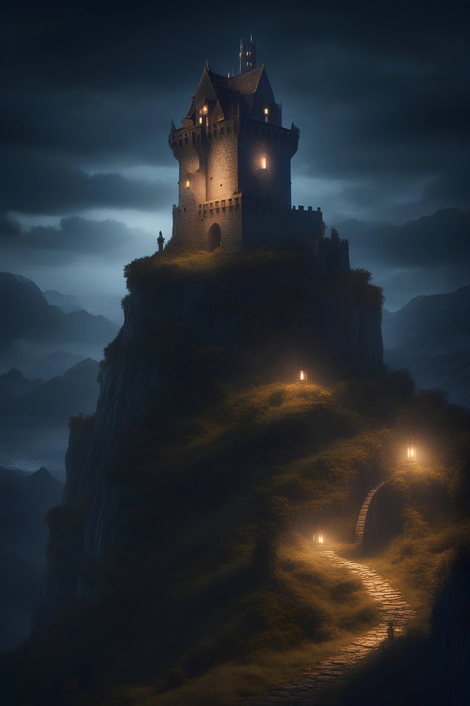 fantasy medieval tower on hill at night