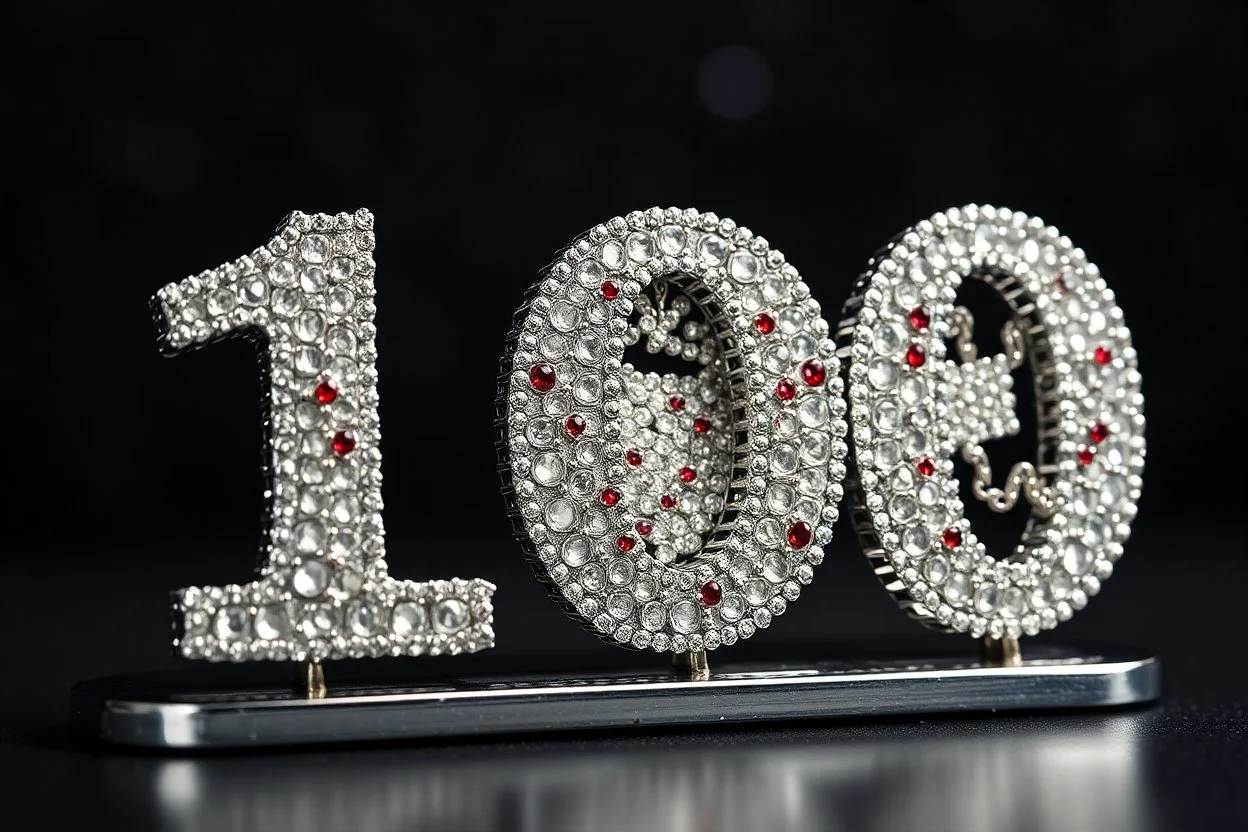 a silver world in the style of klimt– that says 100 on it decorated in gems glorious beautiful