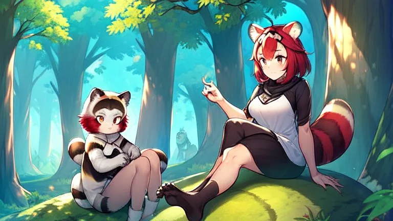 Two Girls, red hair, raccoon ears, raccoon tail, raccoon face, forest, sit on tree, raccoon paws on hand, paws on foot,