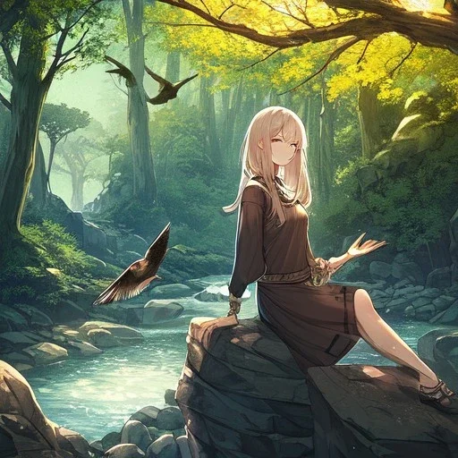 anime girl meditation pose, rock, trees, birds, creek