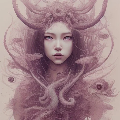 samurai, Girl, full body, squid, intricate detail ,Asian woman, leaning pose, watercolor illustration by <agnes cecile> butterflies everywhere, skulls, centipede, insects, nest, octopus, fly, squid, multiple eyes everywhere, Dryad, plants, wildflower,