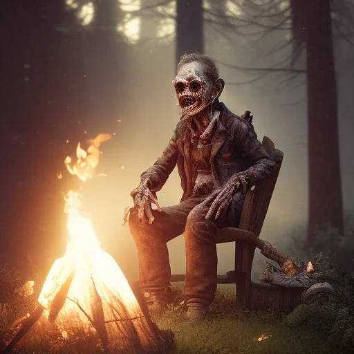 old zombie sitting near campfire, scary, steam punk, realistic, made in octane, cinematic, ultra-realistic, extremely detailed octane rendering, 8K, VRAY Super Real ar 2:3, dof photorealistic futuristic 50mm lens hard lighting dark gray tintype photograph, realistic lighting, sepia color