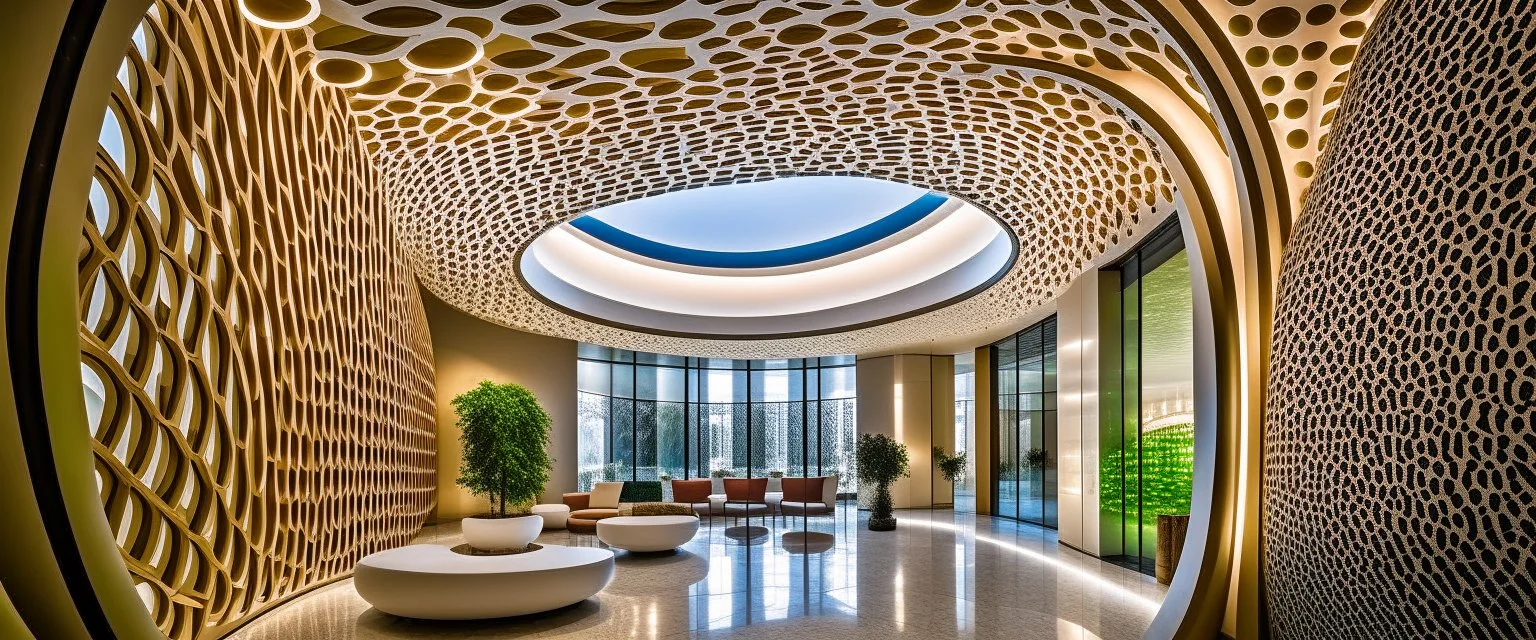 A luxurious hotel with a modern, organic design featuring intricate circles and curves.