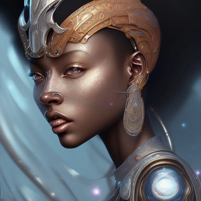 sango fantasy, fantasy magic, intricate, sharp focus, illustration, highly detailed, digital painting, concept art, matte, masterpiece head sexy African beauty black afro hair space lady silver space