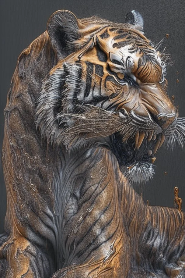 a full grown hyper-realisitc tiger melting like wax, hyper-realistic natural form, full body, highly detailed melting details, emotional expression, detailed emotions, hyper detailed melting of the animal to the ground, engraved fur details, anatomically correct animal, dark colour tone, epic colour treatment, cinematic colour treatment, meticulously intricate perfectly symmetrical extremely detailed, pixiv daily ranking, pixiv, extreme depth of field, artstation, sculpture style, spec