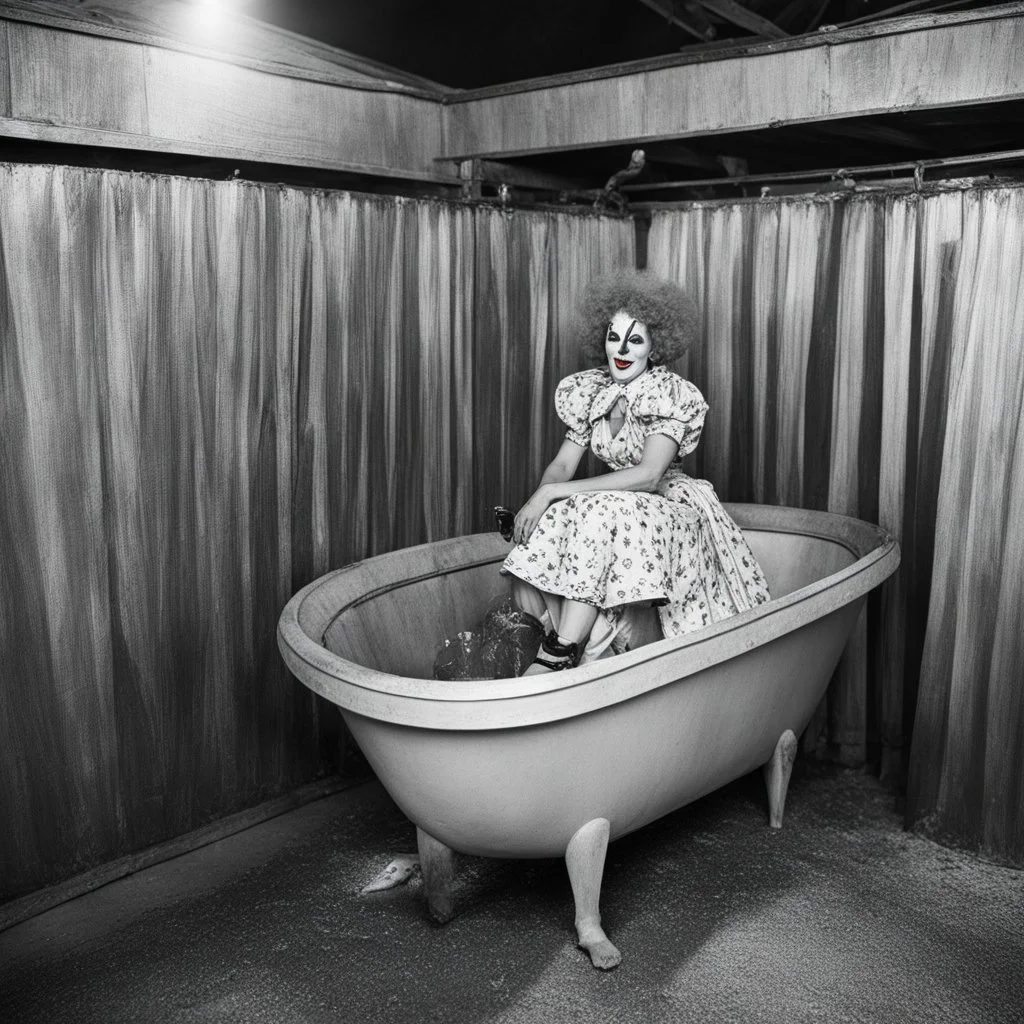 in the wagon bathtub (crazy psychedelic high res photo by Russ Myer) the woman clown take a barh after the show