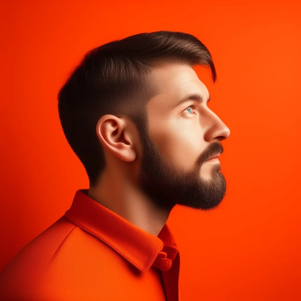 high quality photography 30 year old handsome developer man, stock photo premium, epic view, bright background, profile-pixture shot, closeup, orange background.