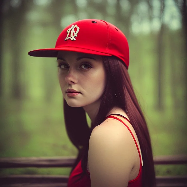 woman with a red baseball hat. leaning on a wooden rail. night time.