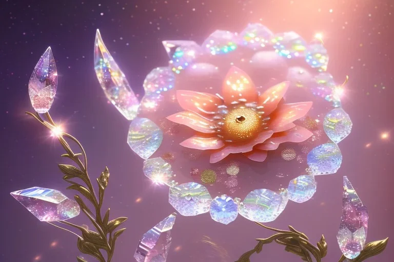 one big crystal subtle flower in a galactic ambiance, transparent petals, delicate colors, in the foreground, with a very little beautiful fairy, full of details, smooth, bright sunshine，soft light atmosphere, light effect，vaporwave colorful, concept art, smooth, extremely sharp detail, finely tuned detail, ultra high definition, 8 k, unreal engine 5, ultra sharp focus