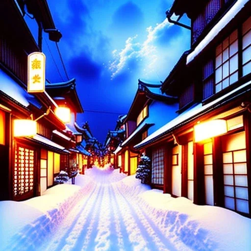 The small empty street in Japan is covered with snow, the sky is cloudy and it is snowing, the lights of houses and shops are bright, there is a beautiful view of the city، high details, high quality, dream