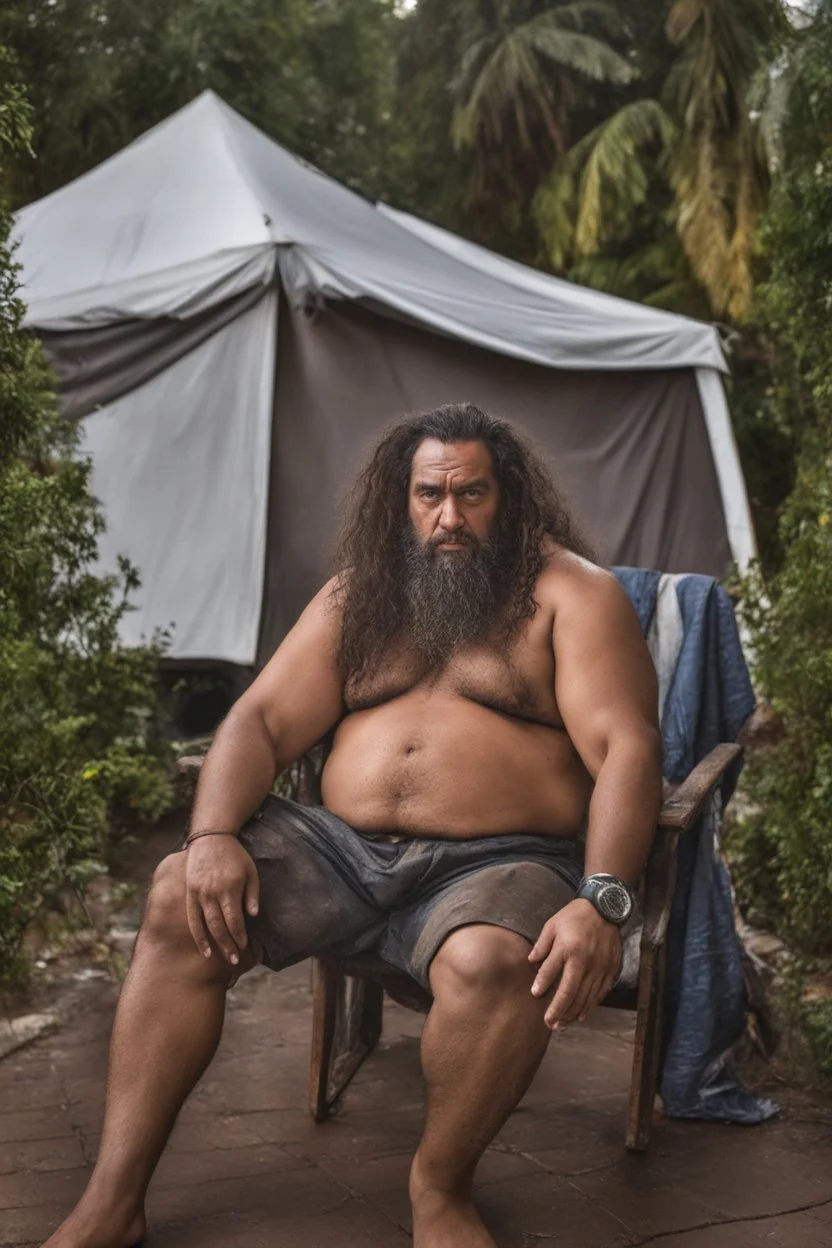 close up shot photography of an ugly burly hairy strong big chubby angry gipsy shirtless homeless man 33 years old, big nose, in bulging shorts, bulge, manly chest, dreadlocks, sweat, sweat, wet, relaxing sitting a chair near his small tent, in a private elegant garden of a villa, raining nighttime, big shoulders, ambient occlusion, photorealistic, frontal view from the ground, dim light from little bulbs