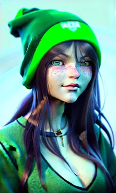 girl, cute, big boobs ,beautiful, long hair, wavy hair, green hair, blue eyes, green beanie, green coat, black tee shirt, green shorts, head and shoulders portrait, 8k resolution concept art portrait by Greg Rutkowski, Artgerm, WLOP, Alphonse Mucha dynamic lighting hyperdetailed intricately detailed