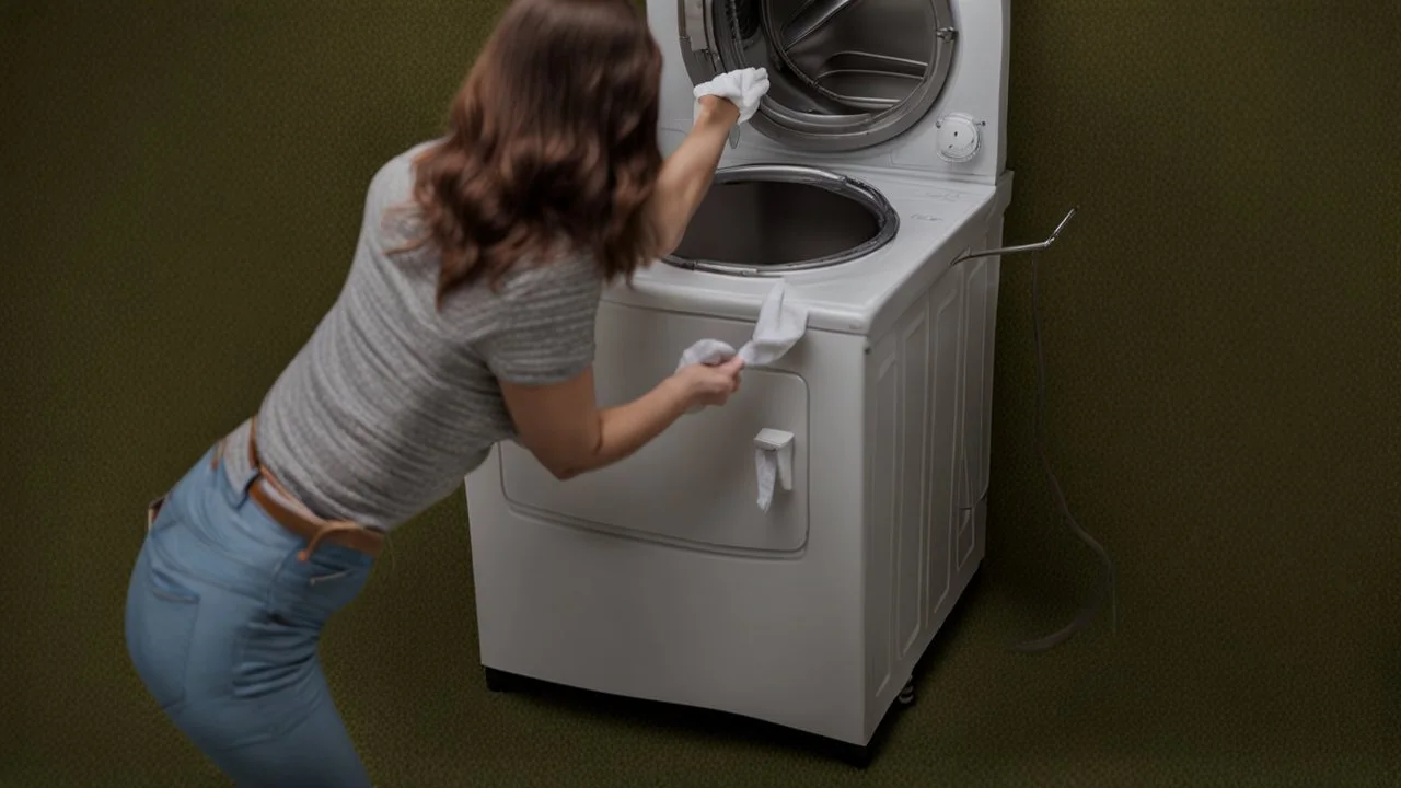 very confused young woman puts a few metal spoons into the household dryer