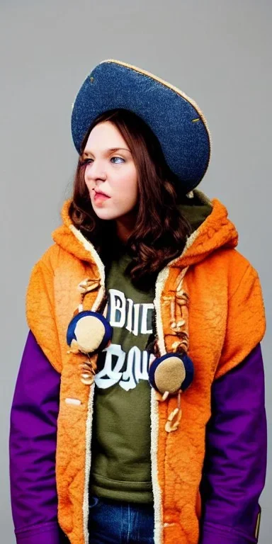 Brunette she.thick thighs,thick calves,normal bodytype. big head. Mantle is sewed of upcycled Denim and sewed together of camouflage pieces. Pieces' color are orange, cream and purple. It is with big bright purple felt tippet and cream-colored-hood. mantle is merged with satchel. . Big AKG-style headphones (gold rings!) is merged with small felt cap with small visor. Style: Haute Couture in 1920's, N.Y.C fashion in 1996, inspired by street art. Cream latex gaiter. Her head and rest body visib