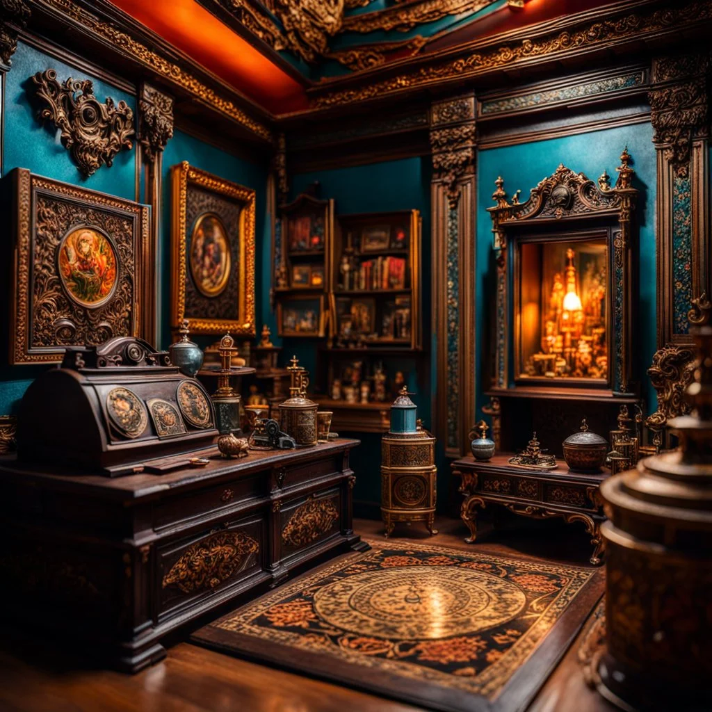 Diorama of old stuff in a room, sharp focus, 8k, 3d, very detailed, volumetric light, grim, fine art, very colorful, ornate, 35mm, F/2.8, insanely detailed and intricate, hypermaximalist, super detailed, decadent