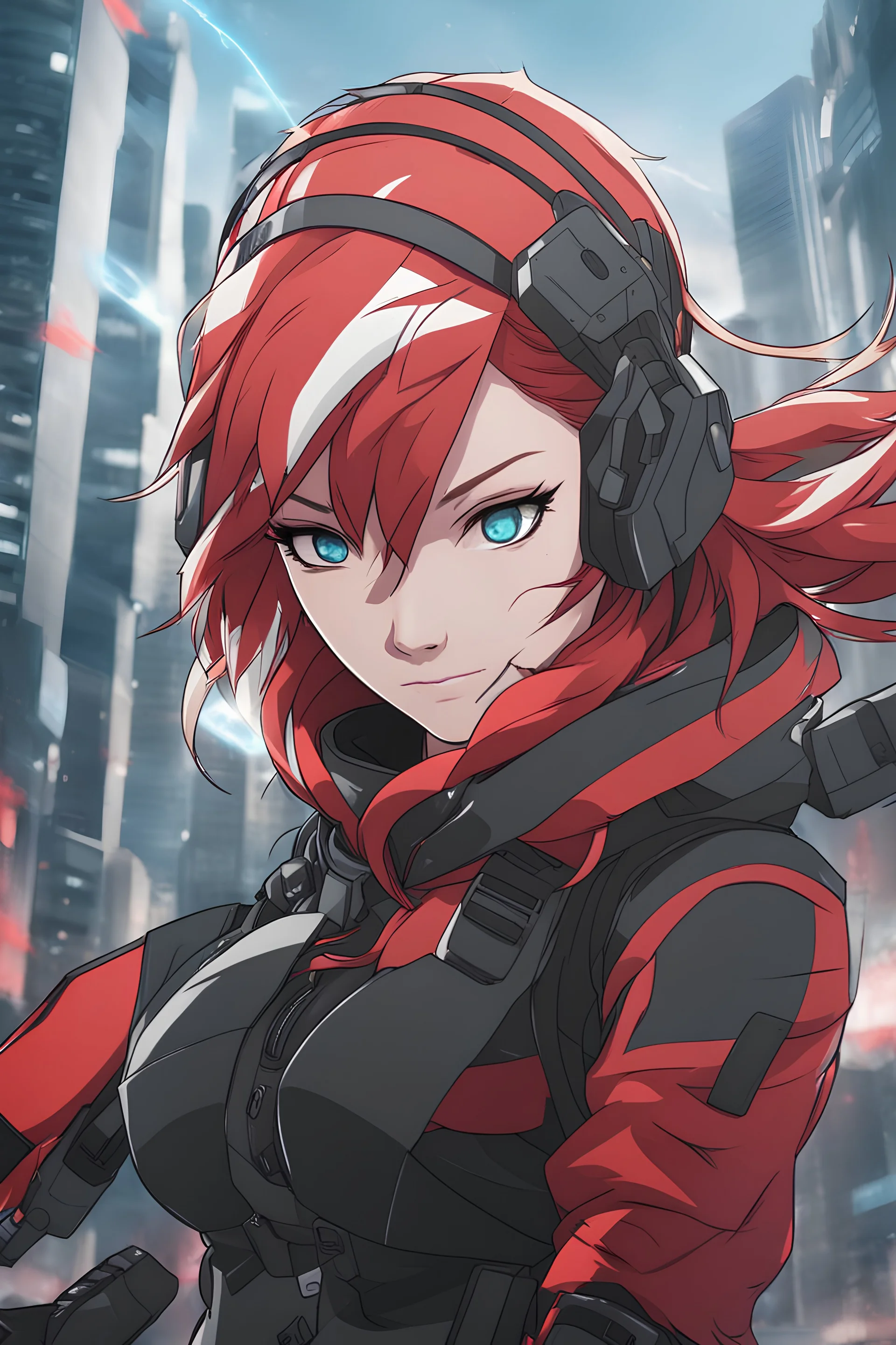 Young woman with red and white hair, blue eyes, wearing red and black clothes, city background, wielding a futuristic battle are, RWBY animation style