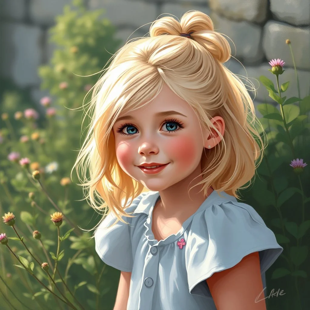a pretty girl, age 8, blonde hair in bunches, playing outside by the bushes, digital painting, stylised