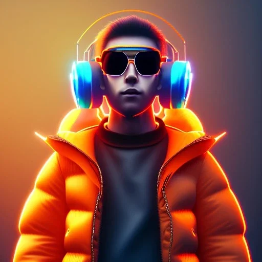 Bird toddler, smile, cyberpunk headphone, sunglass, gangsta neckless, full body, orange puffer jacket, tokio background, dramatic lighting, hyper realistic, unreal engine 5, 16k