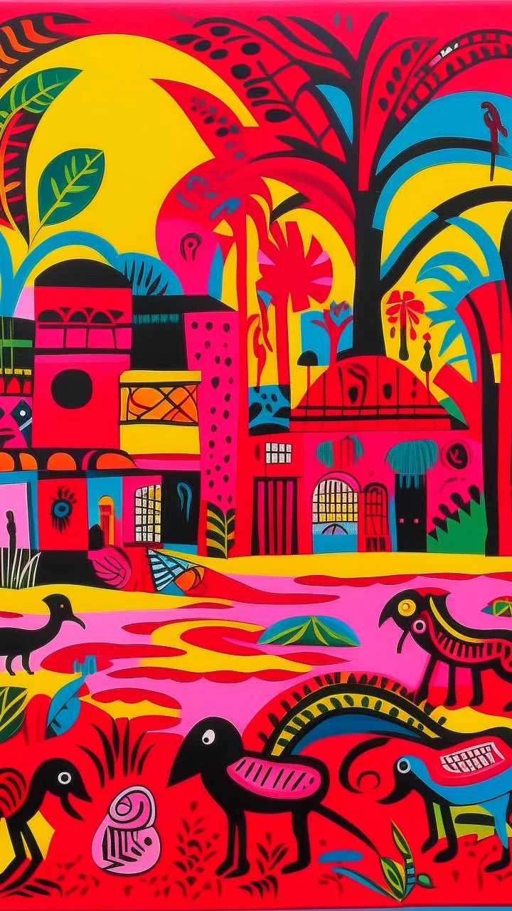A reddish magenta fiery psychic wetlands designed in African masks painted by Stuart Davis