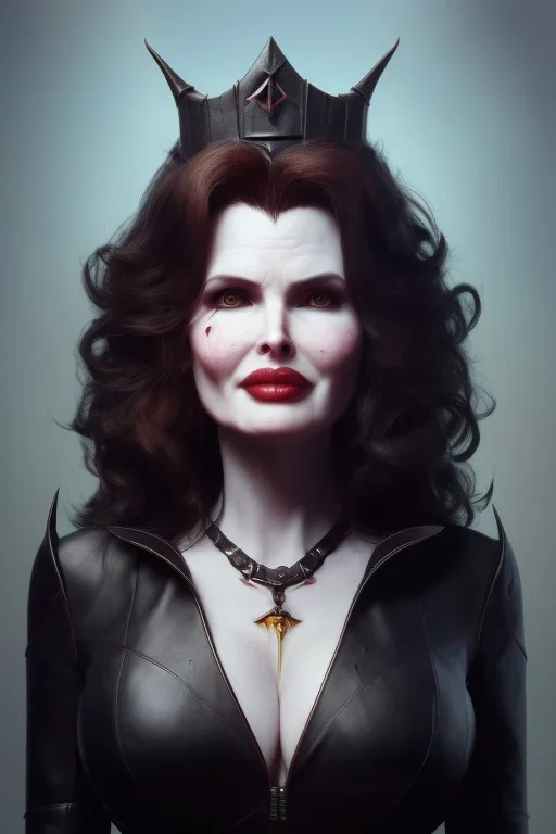 Geena Davis as evil queen in black leather, leather, busty, cleavage, angry, rage, stern look. character design by cory loftis, fenghua zhong, ryohei hase, ismail inceoglu and ruan jia. unreal engine 5, artistic lighting, highly detailed, photorealistic, fantasy