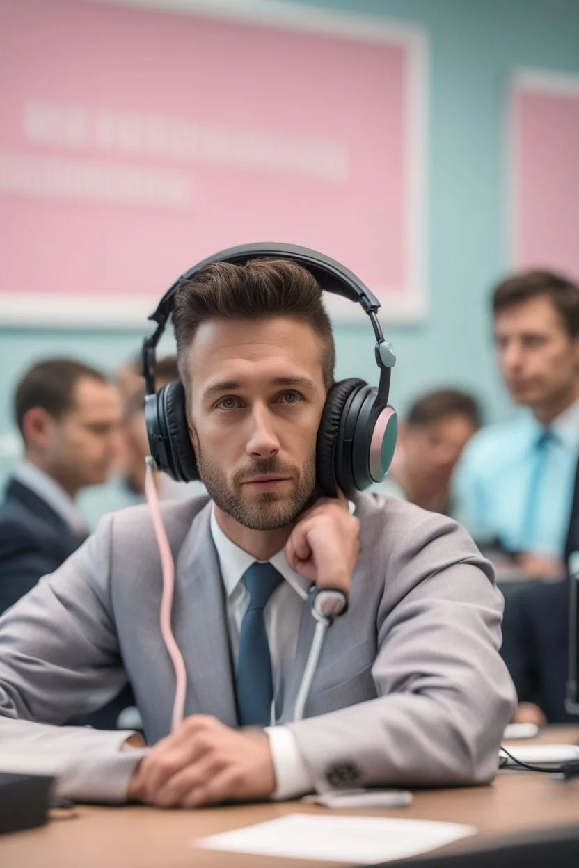 A simultaneous interpreter is sitting at a table with headphones with a microphone on his headphones at a foreign briefing, the background is blurred, everything is in pastel colors,