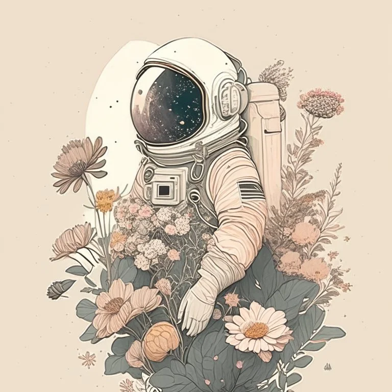 "floral astronaut" hand-drawn digital art, muted tones, flowers everywhere,