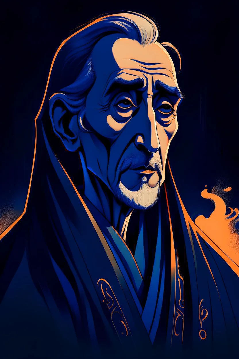 A portrait Christopher Lee in his forties, dressed as a mage in expensive robes, in the style of Genndy Tartakovsky