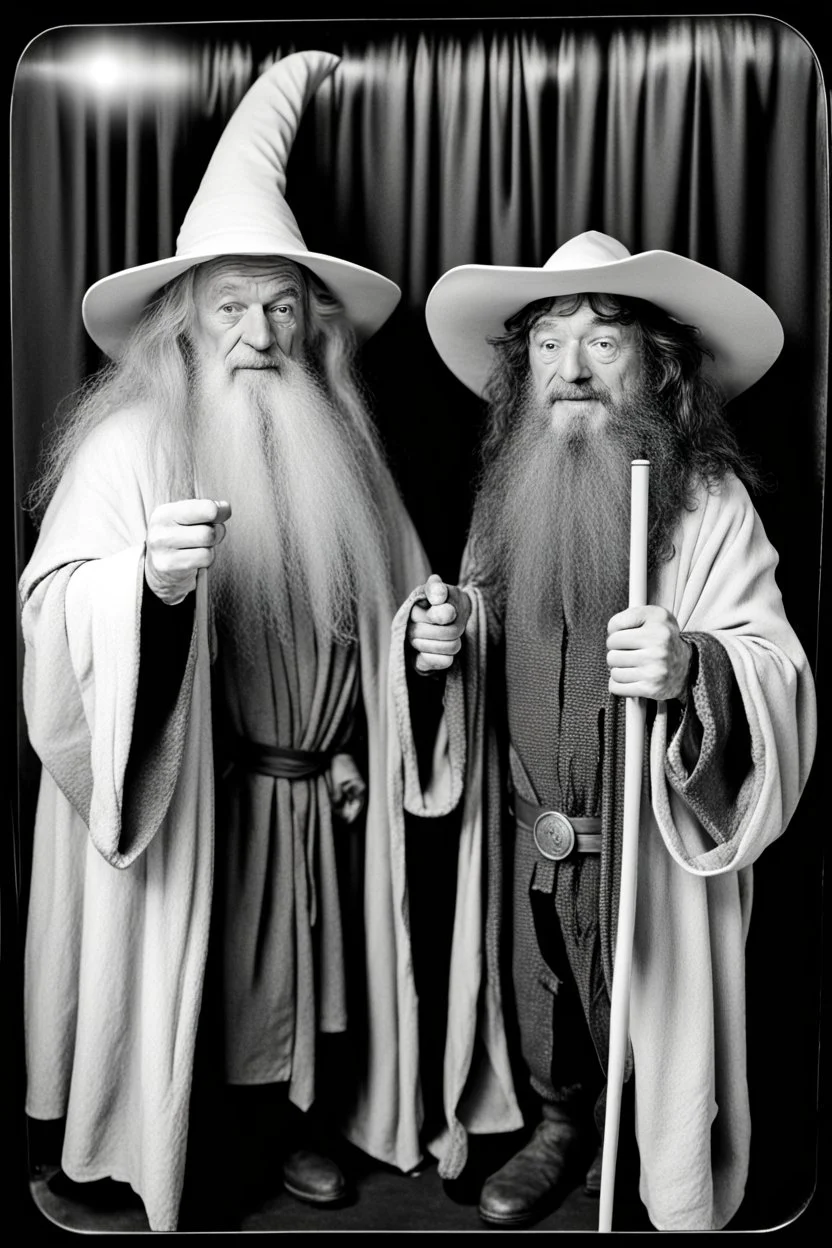 Gandalf and Frodo taking serie of BW photos inside photo booth.