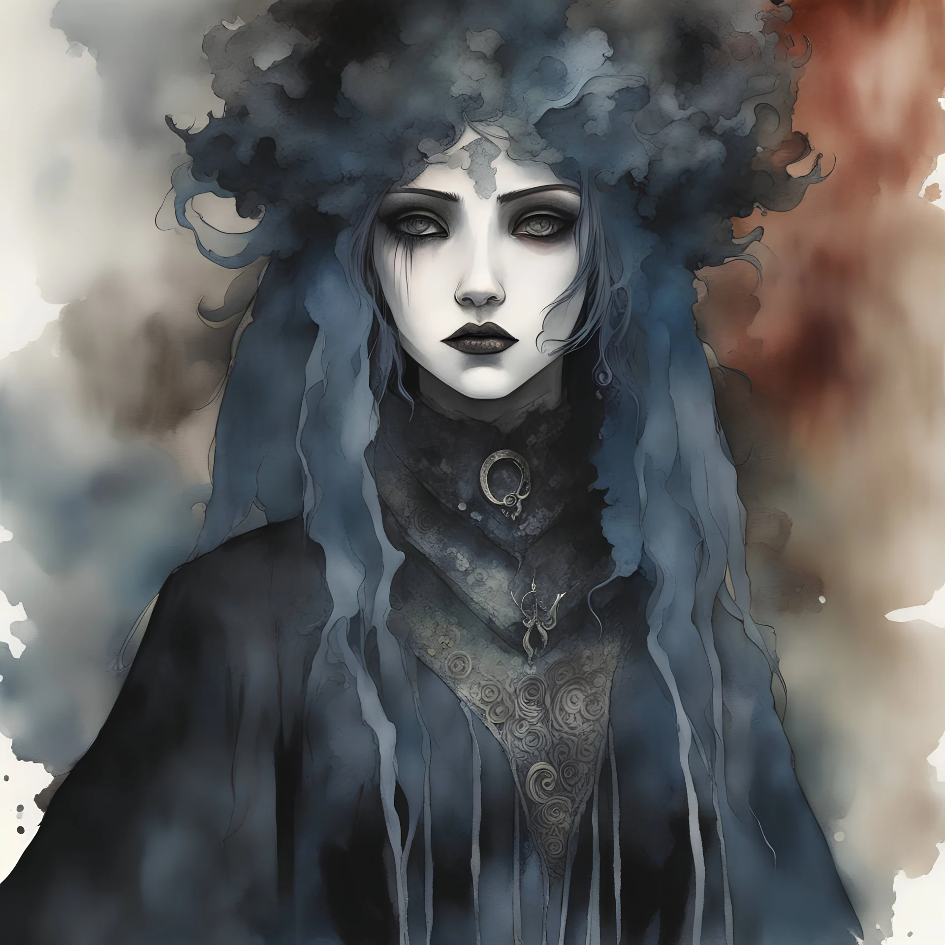 an deeply abstract ink wash and watercolor illustration of a Goth vampire girl with highly detailed hair and facial features , in the abstract expressionist style, indigo and jasper, ragged and torn Victorian costumes, hard , gritty, and edgy depictions, full body, fullshot, vibrant forms, Shironuri, Mori Kei, ethereal, otherworldly