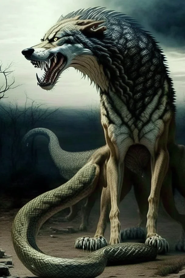 huge humanoid wolf with a snake instead of tail