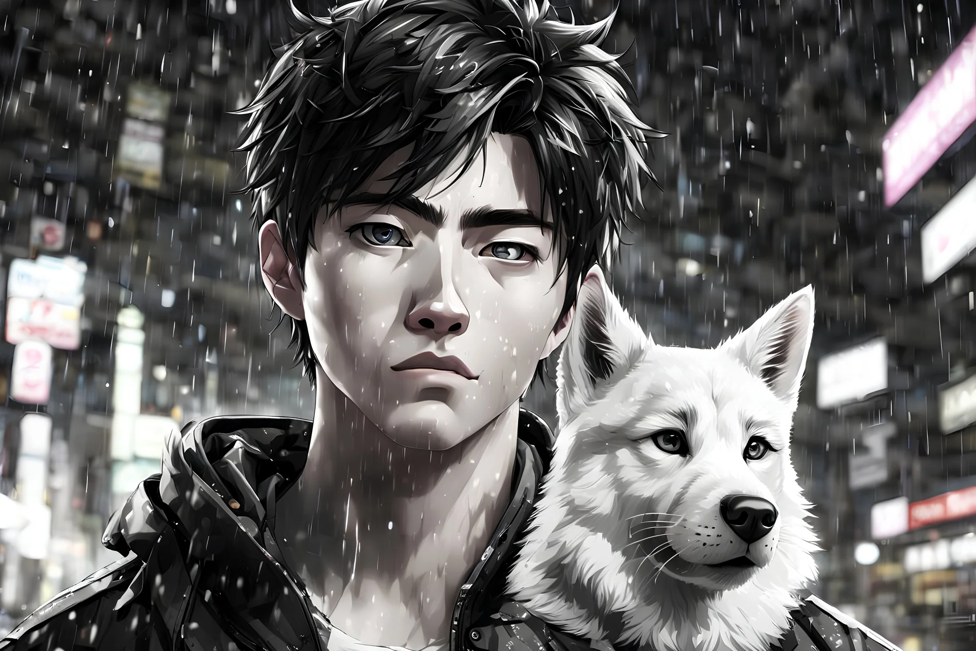 2 cute Asian guy, Anime gamer boy, 20 years old, model looks, black eyes, beautiful, handsome, Wednesday Adam in 8k anime cgi drawing style, Adam family them, neon effect, close picture, rain, highly detailed, high details, detailed portrait, masterpiece, ultra detailed, ultra quality, Chinese city, 1 husky dog black and white, monochrome, side view