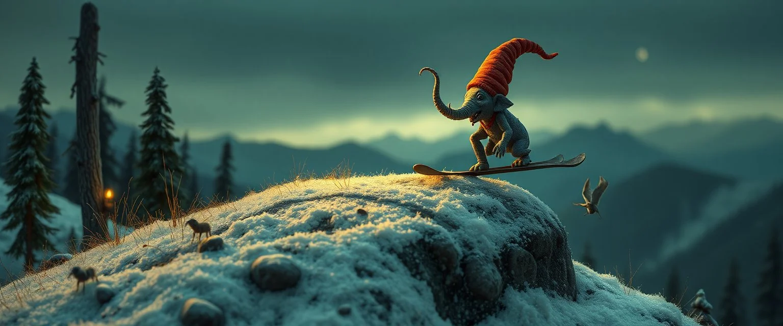 elephant ant hill with a weird funny hobgoblin gnome ski jumping